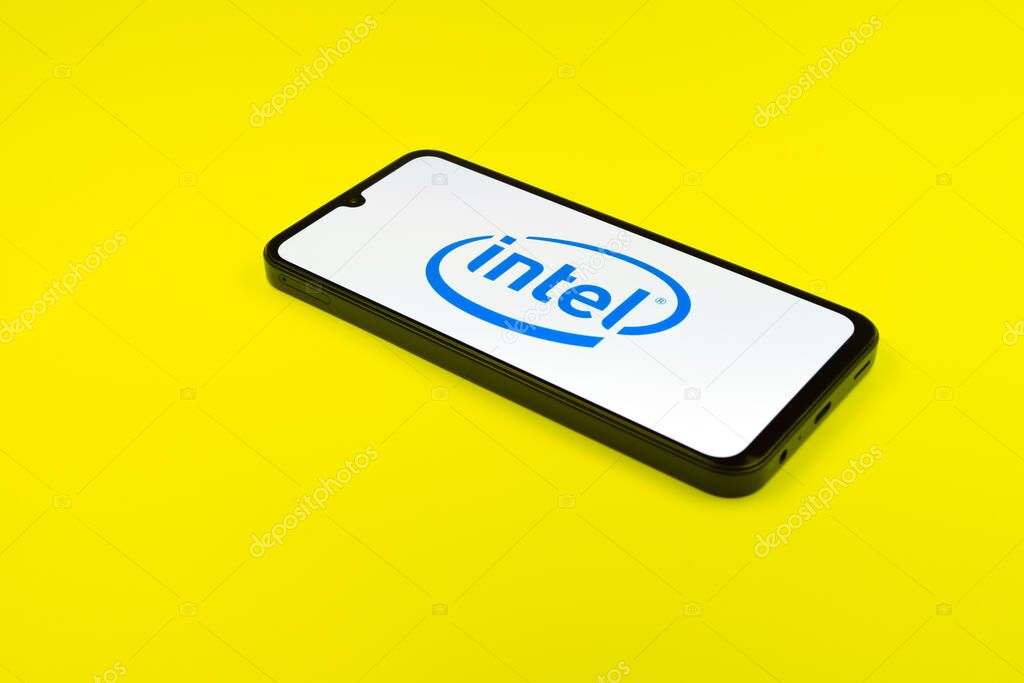 Prague, Czechia - 02 21 2025: Laptop on surface showing Intel logo.