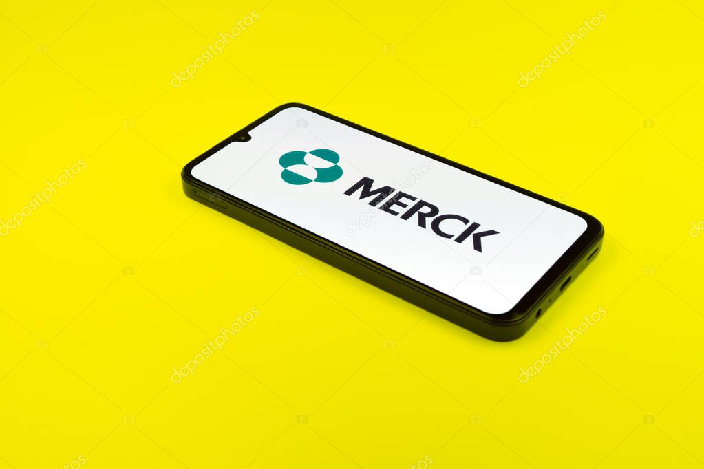 Prague, Czechia - 02 21 2025: Laptop on surface showing Merck logo.
