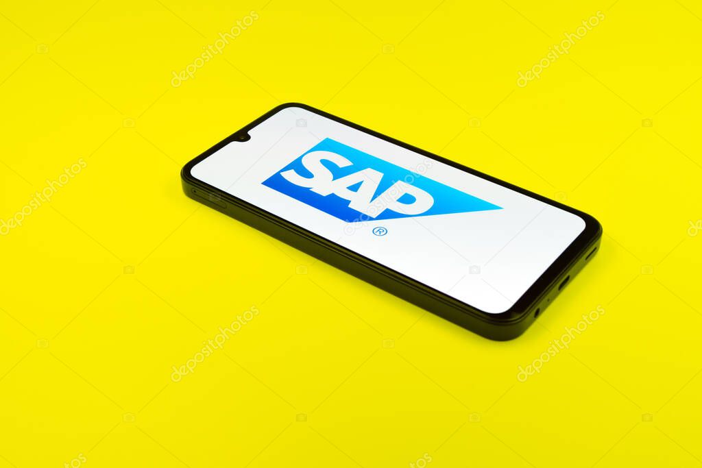 Prague, Czechia - 02 21 2025: Laptop on surface showing SAP logo.