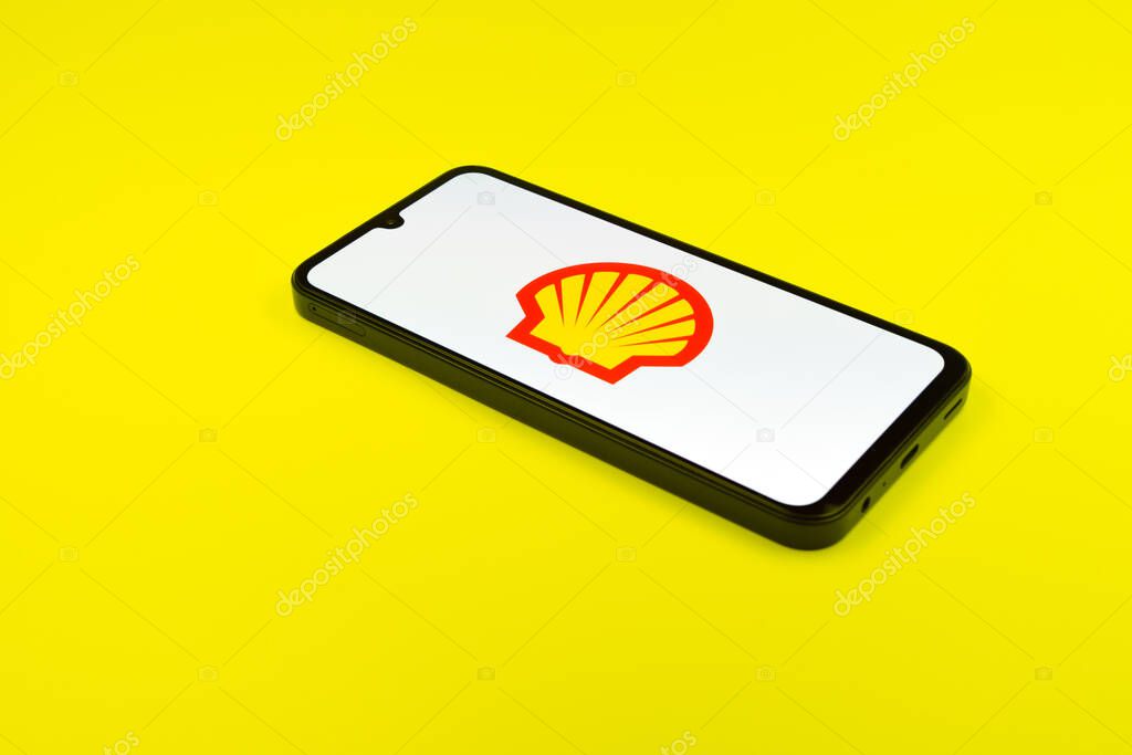 Prague, Czechia - 02 21 2025: Laptop on surface showing Shell logo.