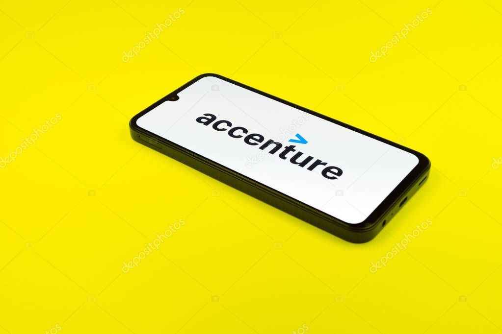 Prague, Czechia - 02 21 2025: Laptop on surface showing Accenture logo.