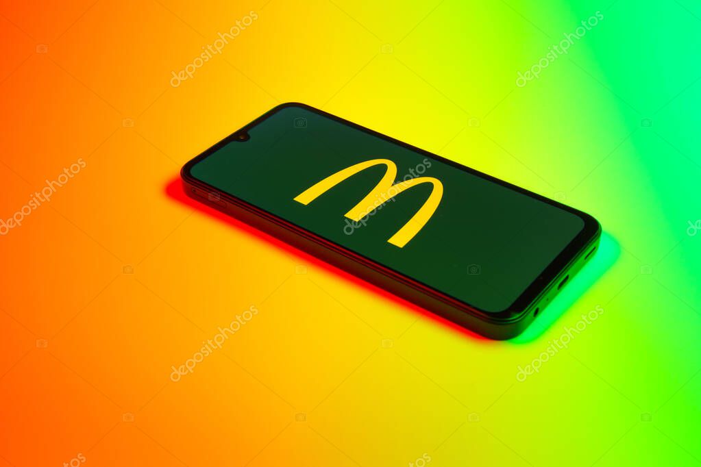 Prague, Czechia - 02 21 2025: Laptop on surface showing McDonalds logo.