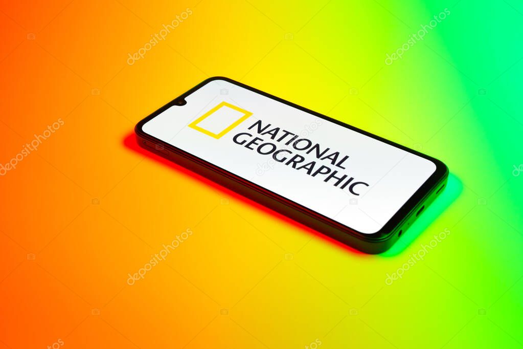 Prague, Czechia - 02 21 2025: Laptop on surface showing National Geographic logo.