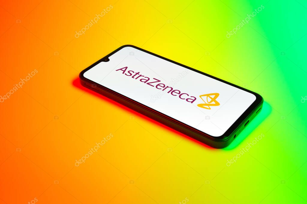 Prague, Czechia - 02 21 2025: Laptop on surface showing AstraZeneca logo.
