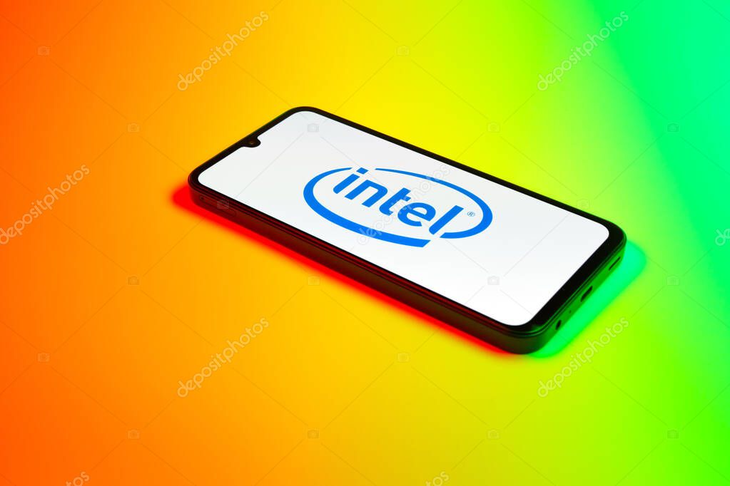 Prague, Czechia - 02 21 2025: Laptop on surface showing Intel logo.