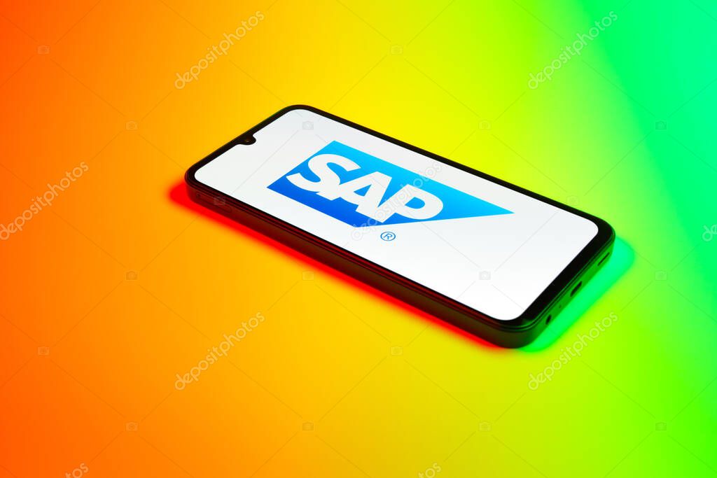 Prague, Czechia - 02 21 2025: Laptop on surface showing SAP logo.