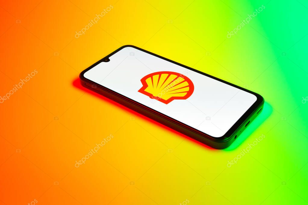 Prague, Czechia - 02 21 2025: Laptop on surface showing Shell logo.