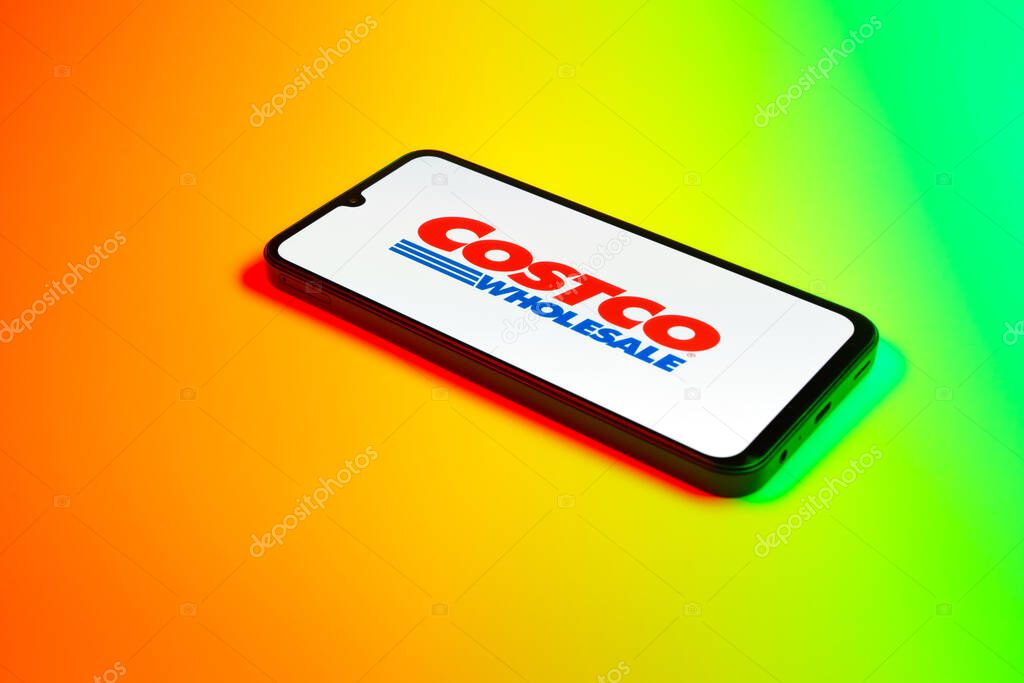 Prague, Czechia - 02 21 2025: Laptop on surface showing Costco logo.