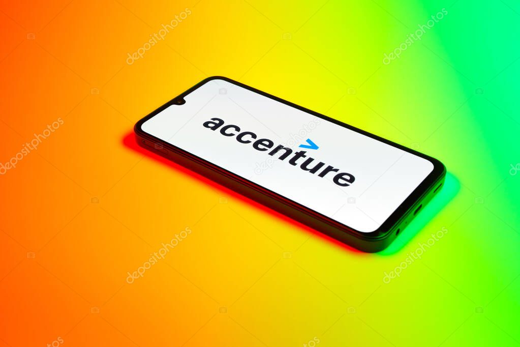 Prague, Czechia - 02 21 2025: Laptop on surface showing Accenture logo.