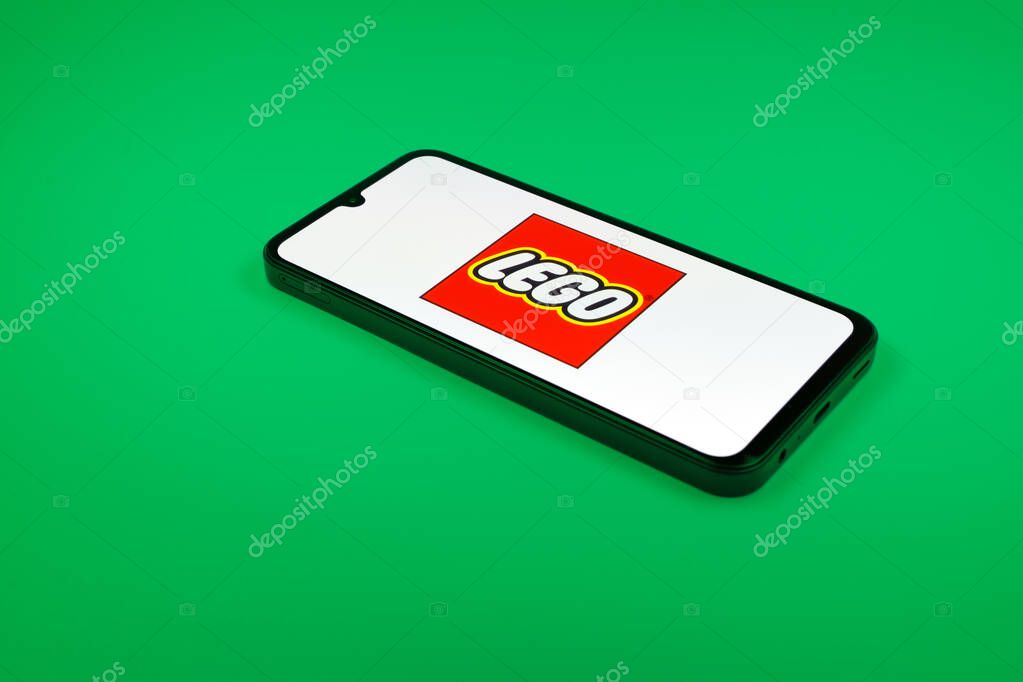 Prague, Czechia - 02 21 2025: Laptop on surface showing Lego logo.
