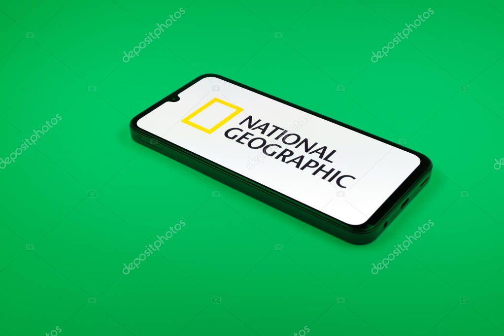 Prague, Czechia - 02 21 2025: Laptop on surface showing National Geographic logo.