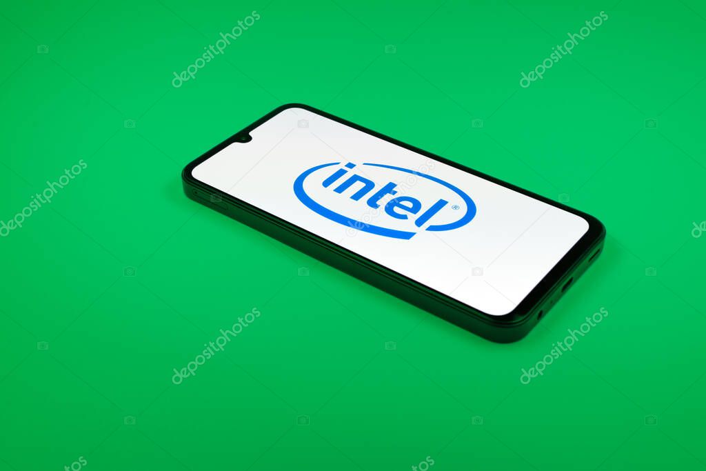 Prague, Czechia - 02 21 2025: Laptop on surface showing Intel logo.