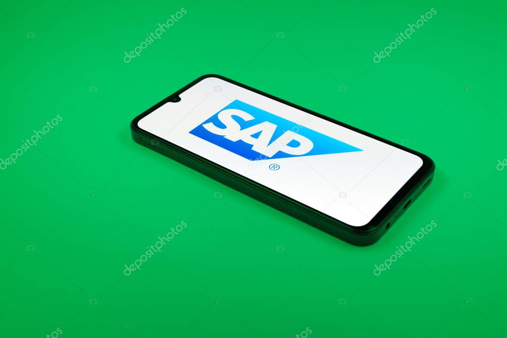 Prague, Czechia - 02 21 2025: Laptop on surface showing SAP logo.