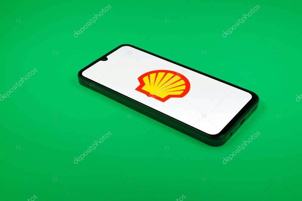 Prague, Czechia - 02 21 2025: Laptop on surface showing Shell logo.