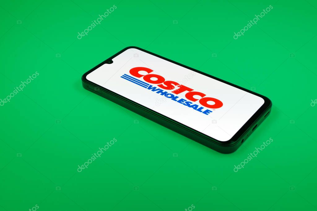 Prague, Czechia - 02 21 2025: Laptop on surface showing Costco logo.