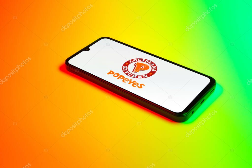 Prague, Czechia - 02 21 2025: Laptop on surface showing Popeyes logo.