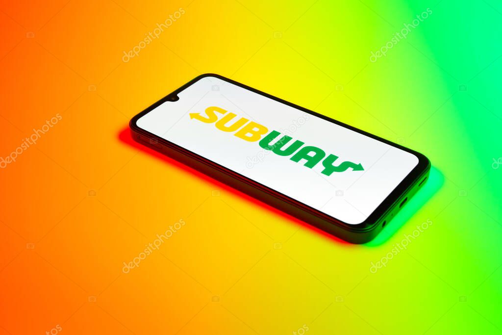 Prague, Czechia - 02 21 2025: Laptop on surface showing Subway logo.