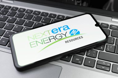 Prag, Çek Cumhuriyeti - 02 21 2025: Nextera Enerji logosunu gösteren dizüstü bilgisayar.