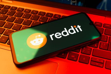 Prag, Çek Cumhuriyeti - 02 21 2025: Reddit logosunu gösteren dizüstü bilgisayar.