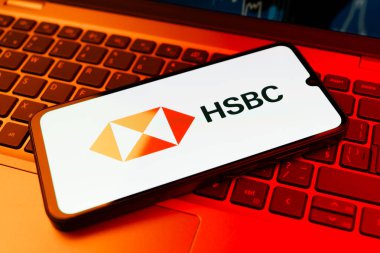 Prag, Çek Cumhuriyeti - 02 21 2025: HSBC logosunu gösteren dizüstü bilgisayar.