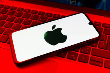 Prag, Çek Cumhuriyeti - 02 21 2025: Apple logosunu gösteren dizüstü bilgisayar.
