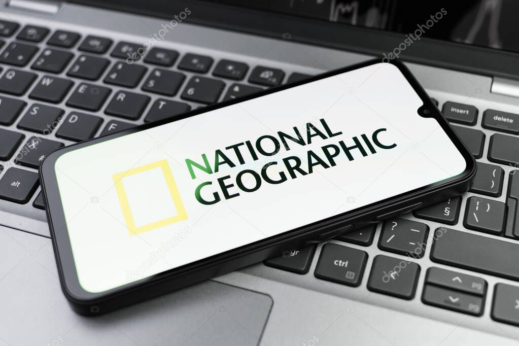 Prague, Czechia - 02 21 2025: Laptop on surface showing National Geographic logo.
