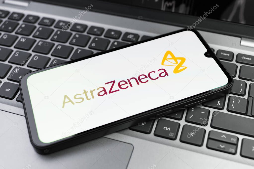 Prague, Czechia - 02 21 2025: Laptop on surface showing AstraZeneca logo.