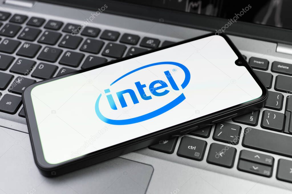 Prague, Czechia - 02 21 2025: Laptop on surface showing Intel logo.