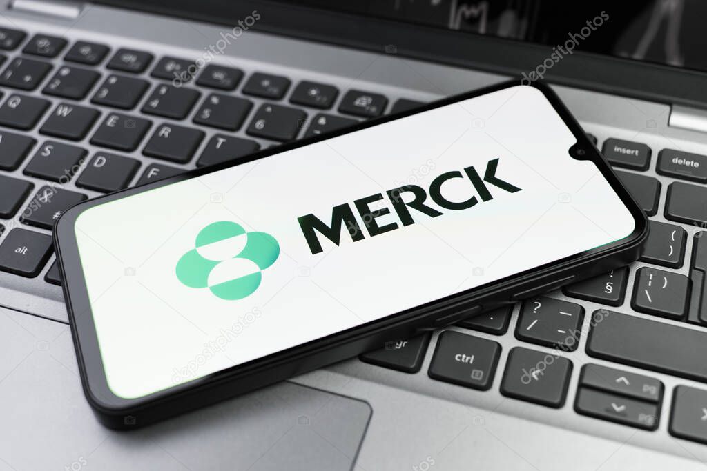 Prague, Czechia - 02 21 2025: Laptop on surface showing Merck logo.
