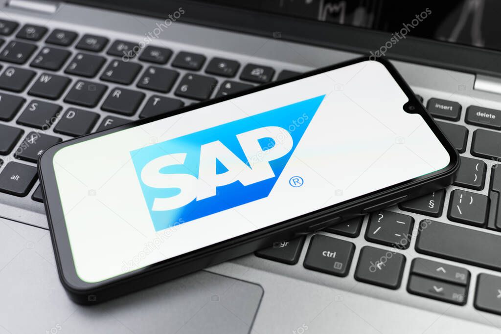 Prague, Czechia - 02 21 2025: Laptop on surface showing SAP logo.