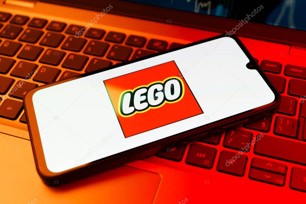 Prague, Czechia - 02 21 2025: Laptop on surface showing Lego logo.