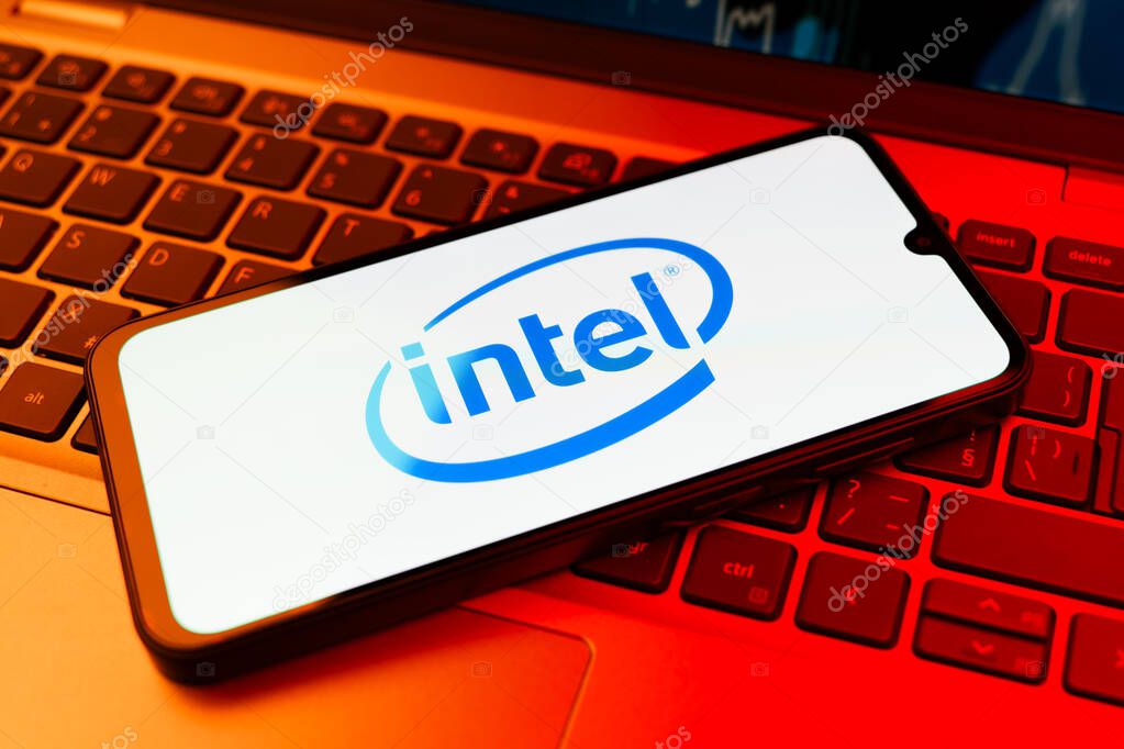 Prague, Czechia - 02 21 2025: Laptop on surface showing Intel logo.