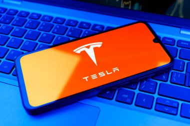 Prag, Çek Cumhuriyeti - 02 21 2025: Tesla logosunu gösteren dizüstü bilgisayar.