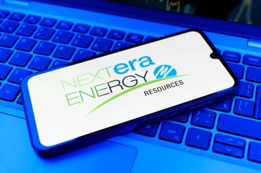 Prag, Çek Cumhuriyeti - 02 21 2025: Nextera Enerji logosunu gösteren dizüstü bilgisayar.