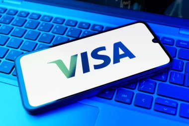 Prag, Çek Cumhuriyeti - 02 21 2025: Vize logosunu gösteren dizüstü bilgisayar.