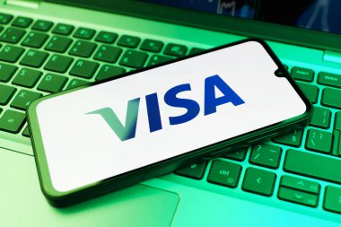 Prag, Çek Cumhuriyeti - 02 21 2025: Vize logosunu gösteren dizüstü bilgisayar.