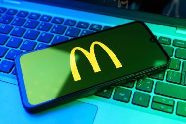 Prag, Çek Cumhuriyeti - 02 21 2025: McDonalds logosunu gösteren dizüstü bilgisayar.