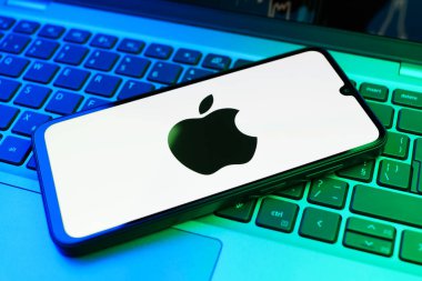 Prag, Çek Cumhuriyeti - 02 21 2025: Apple logosunu gösteren dizüstü bilgisayar.
