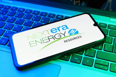 Prag, Çek Cumhuriyeti - 02 21 2025: Nextera Enerji logosunu gösteren dizüstü bilgisayar.