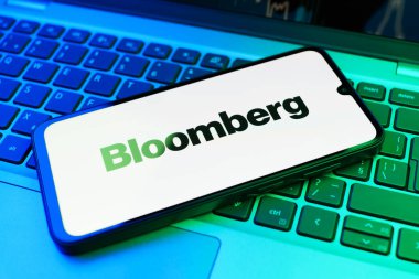 Prag, Çek Cumhuriyeti - 02 21 2025: Bloomberg logosunu gösteren dizüstü bilgisayar.