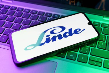 Prag, Çek Cumhuriyeti - 02 21 2025: Linde logosunu gösteren dizüstü bilgisayar.