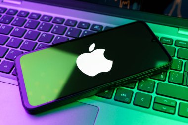 Prag, Çek Cumhuriyeti - 02 21 2025: Apple logosunu gösteren dizüstü bilgisayar.