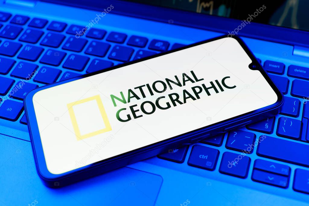 Prague, Czechia - 02 21 2025: Laptop on surface showing National Geographic logo.