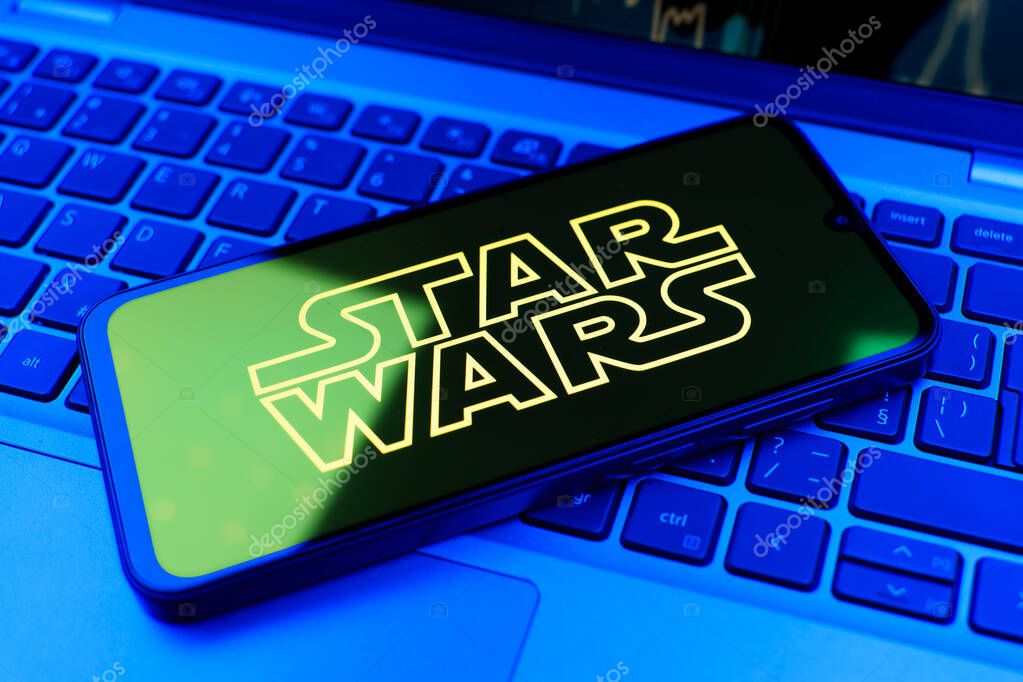 Prague, Czechia - 02 21 2025: Laptop on surface showing Star Wars logo.