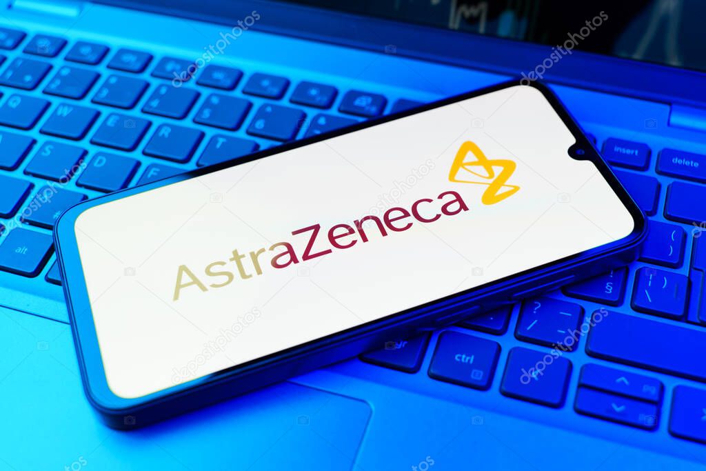 Prague, Czechia - 02 21 2025: Laptop on surface showing AstraZeneca logo.