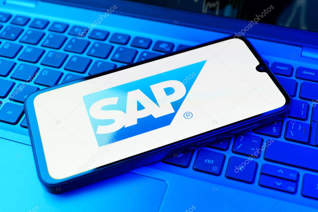 Prague, Czechia - 02 21 2025: Laptop on surface showing SAP logo.