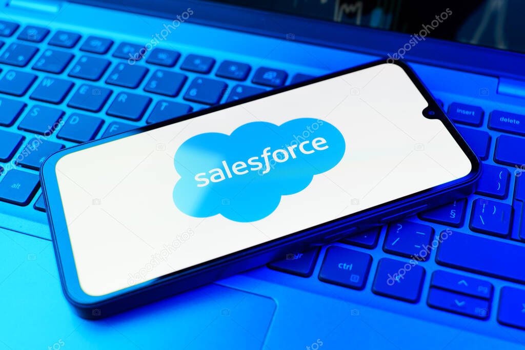 Prague, Czechia - 02 21 2025: Laptop on surface showing Salesforce logo.