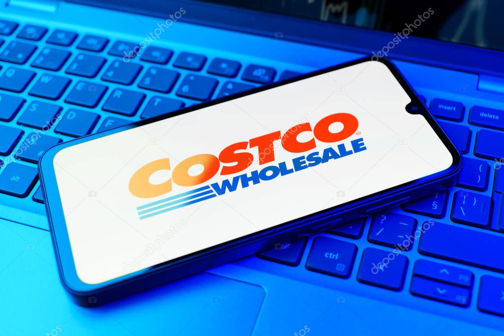 Prague, Czechia - 02 21 2025: Laptop on surface showing Costco logo.