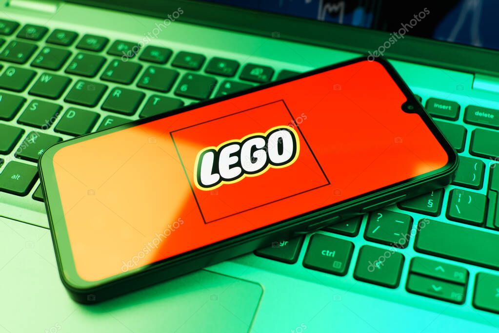 Prague, Czechia - 02 21 2025: Laptop on surface showing Lego logo.