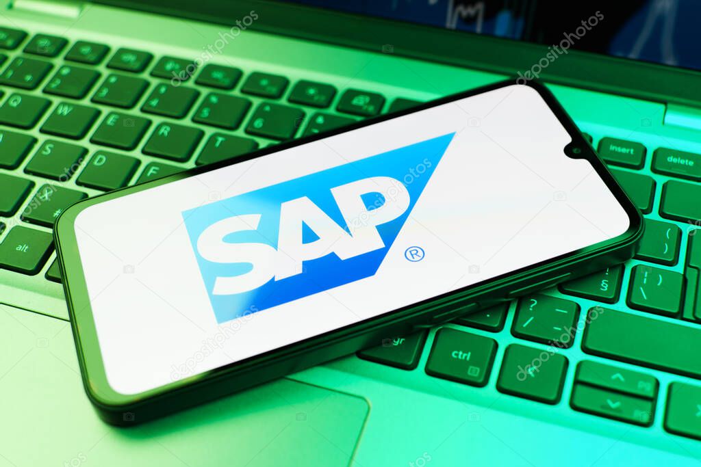 Prague, Czechia - 02 21 2025: Laptop on surface showing SAP logo.
